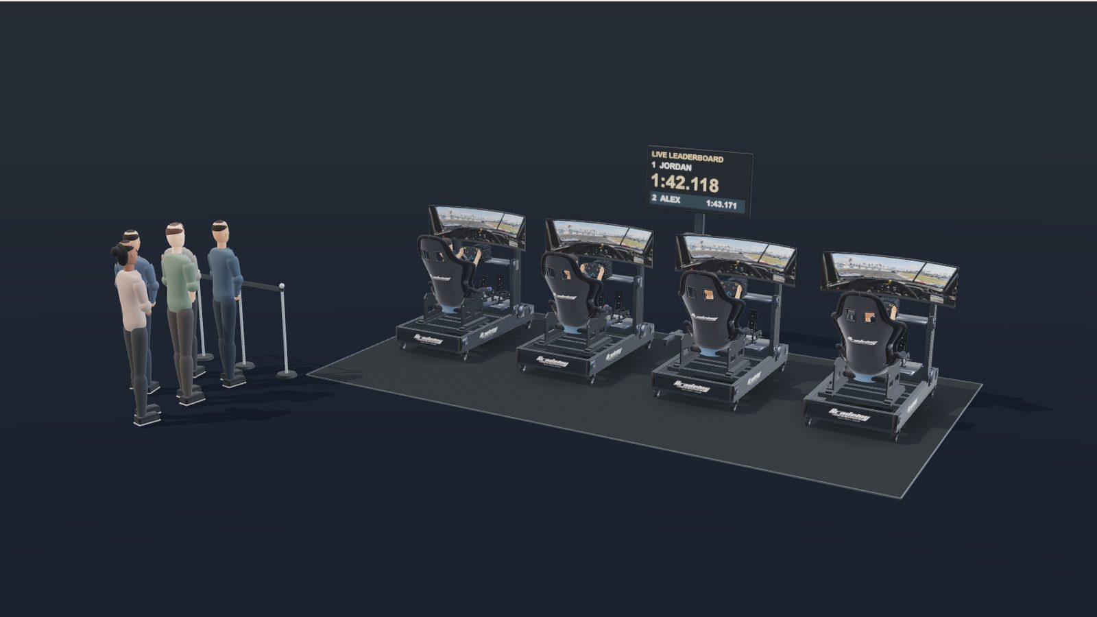 3D view of four racing simulators in a booth with a live leaderboard